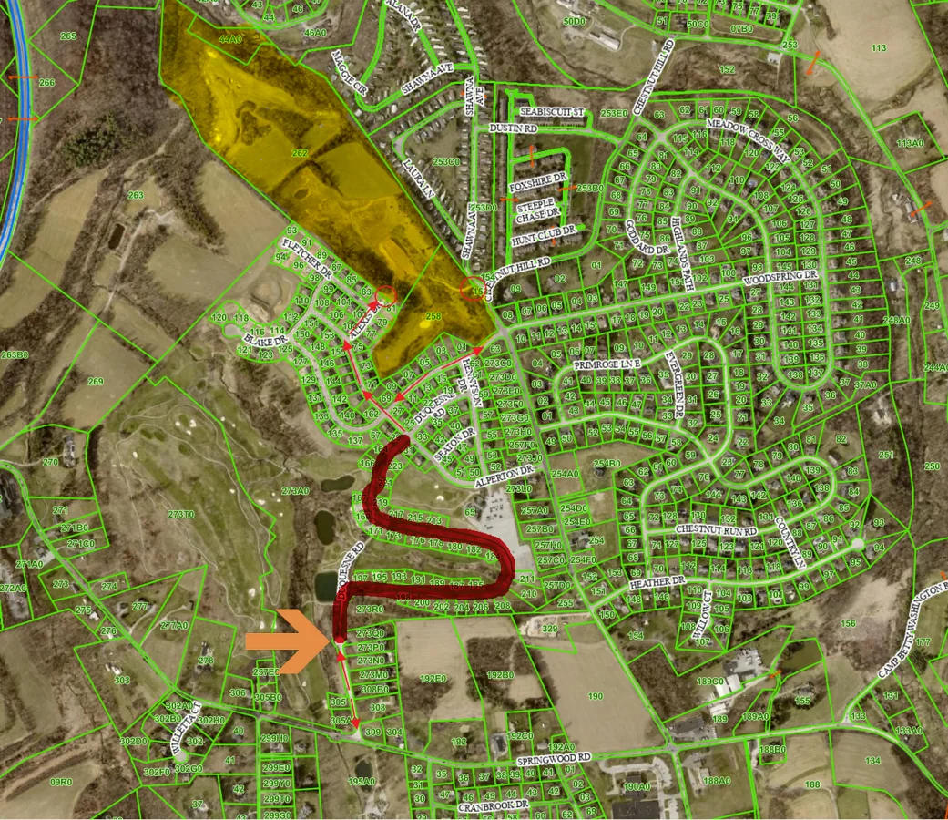 Supplied aerial parcel map showing Bridgewater and surrounding streets, with a red highlighted route around Duquesne Road toward Springwood Road, red circles, a yellow highlighted area, and an orange arrow added as annotations.